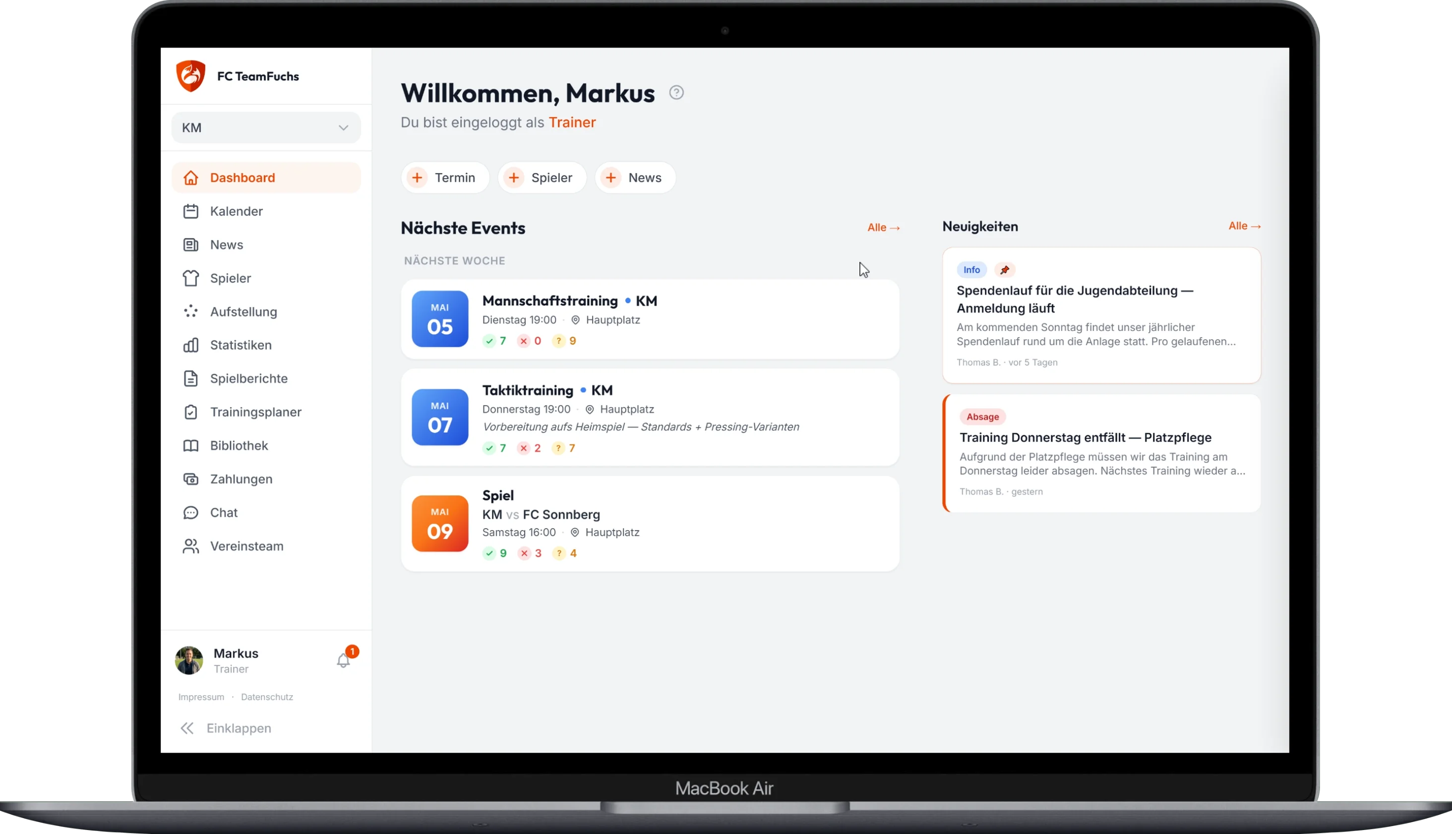 TeamFuchs Dashboard auf Desktop — Trainer-Sicht mit Termine-Liste und News