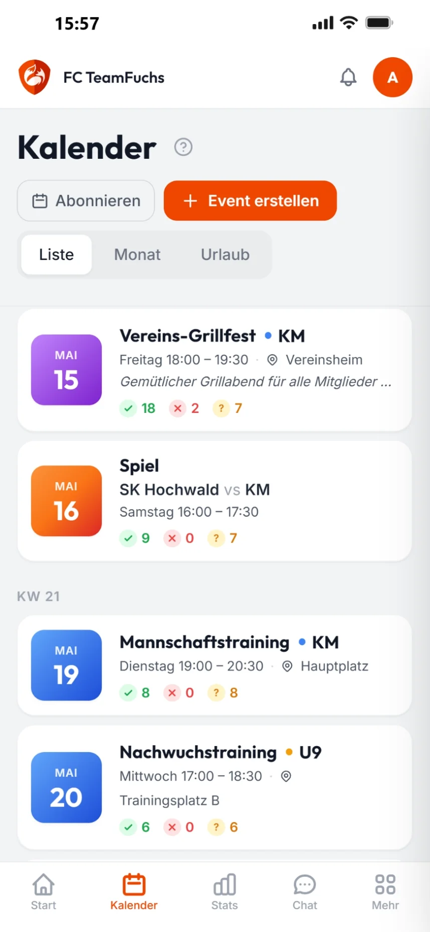 TeamFuchs Kalender auf Mobile — Listen-Ansicht mit Anwesenheits-Icons