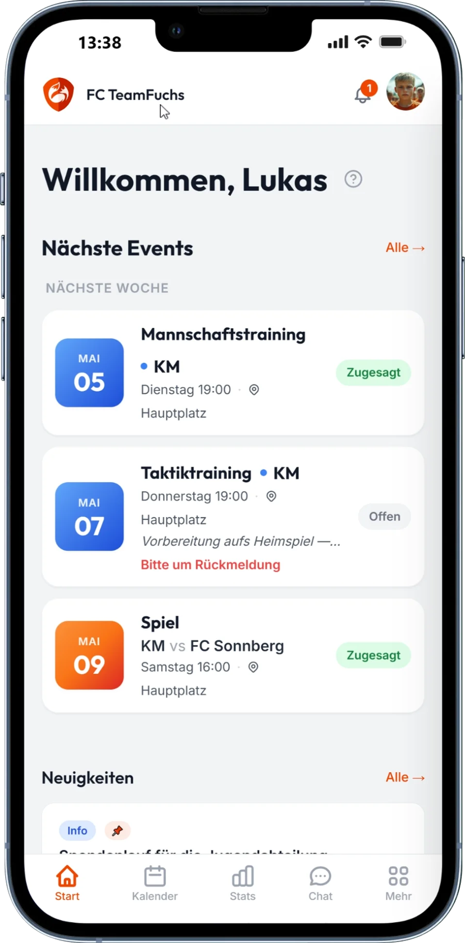 TeamFuchs Dashboard auf Mobile — Spieler-Sicht mit RSVP-Status