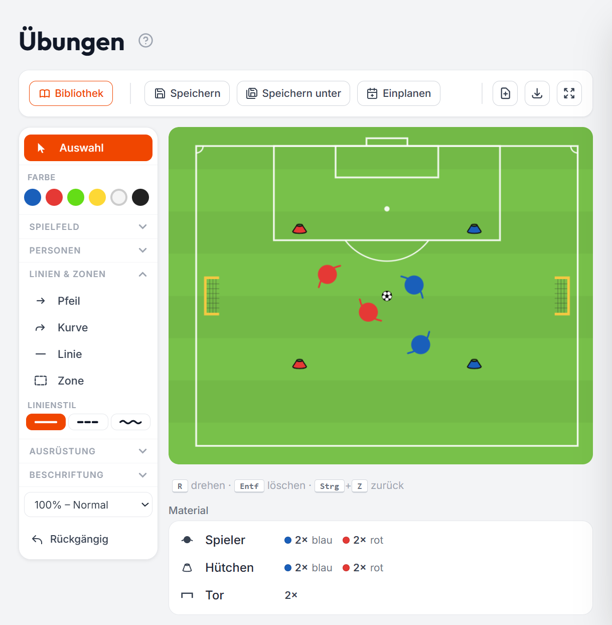 TeamFuchs Trainingsplaner — Canvas-Editor mit Toolbar, Spielfeld und auto-generierter Material-Liste