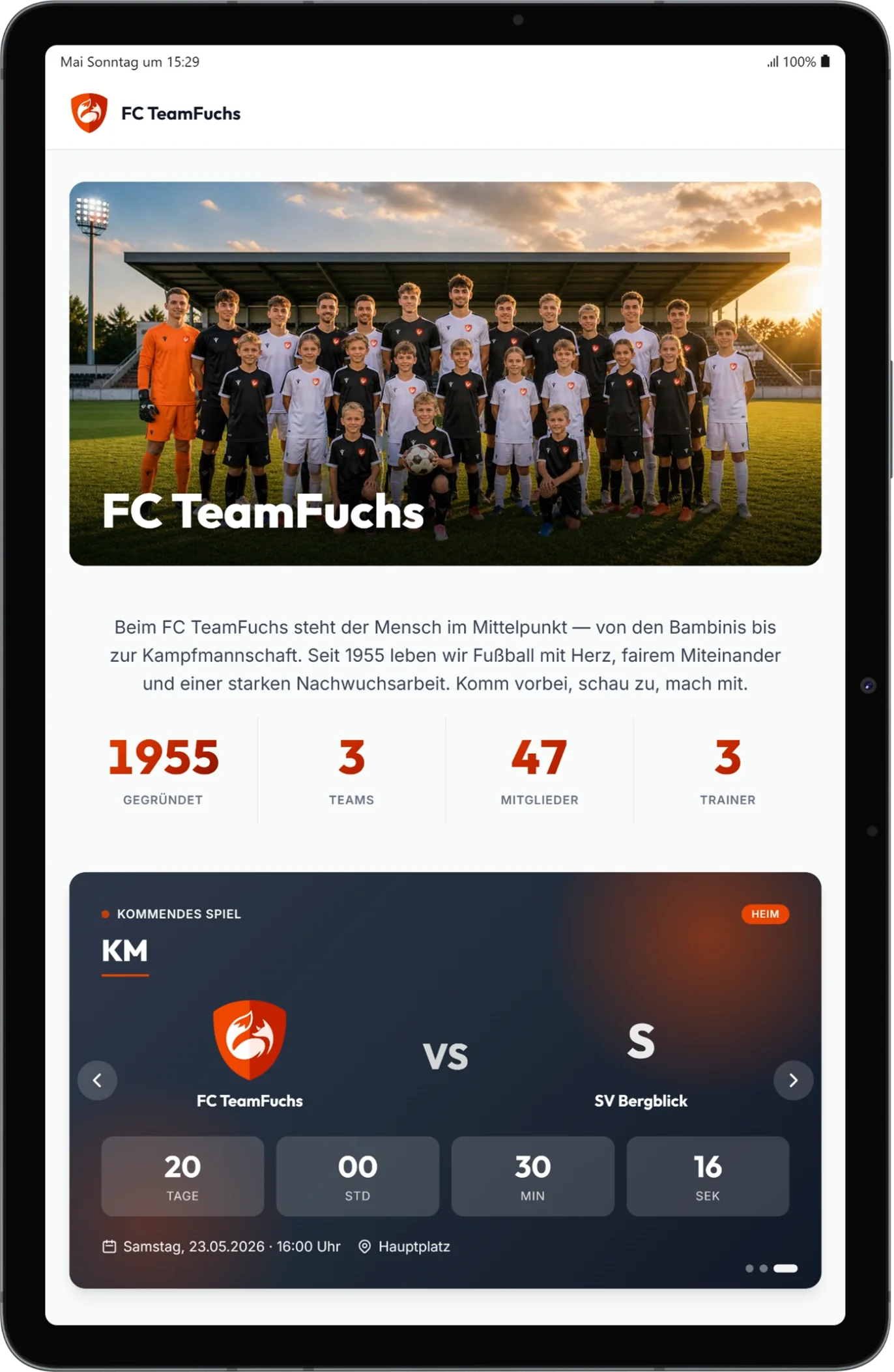 TeamFuchs öffentliche Vereinsseite auf Tablet — FC TeamFuchs mit Hero-Bild, Stats und Spiel-Card