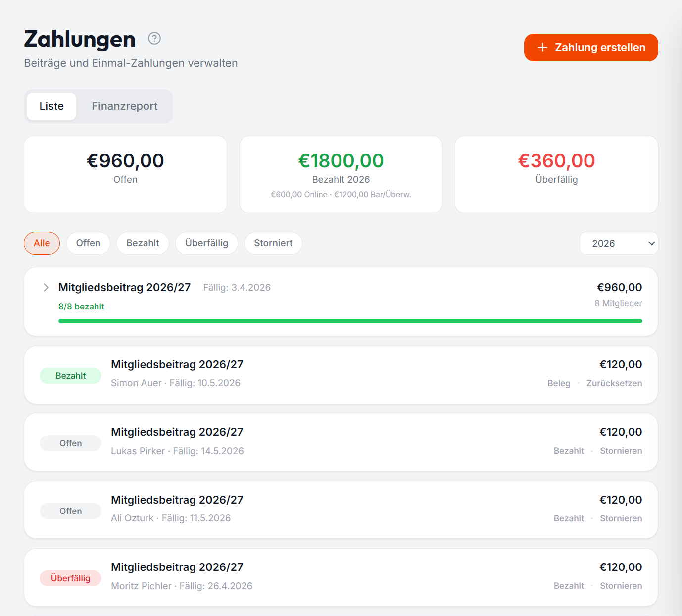 TeamFuchs Zahlungs-Übersicht — Status-Cards, Filter-Pills, Akkordeon-Gruppen mit Bezahlt-Progress